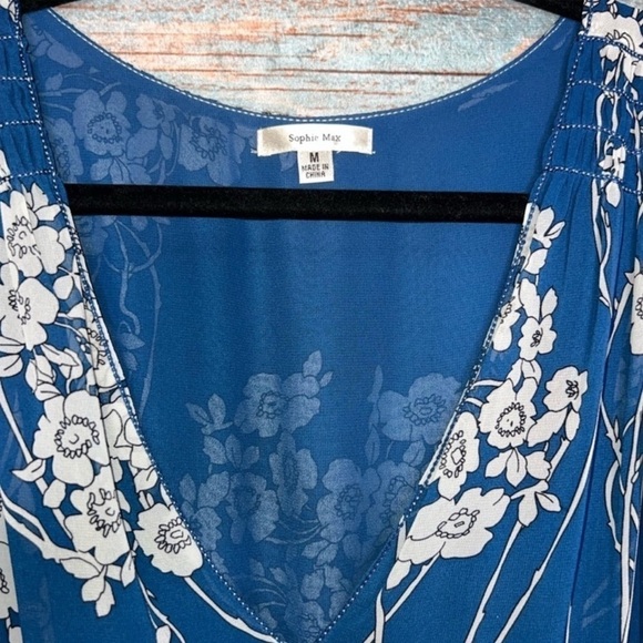 Sophie Max Maxi Dress M Blue Floral Sleeveless Chiffon V-neck Long Overlay Smock - Picture 4 of 8